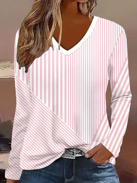 

Women Striped Long Sleeve Tee T-shirt V Neck Printing Casual Spring/Fall Graphic Tee Top, Pink, T-Shirts