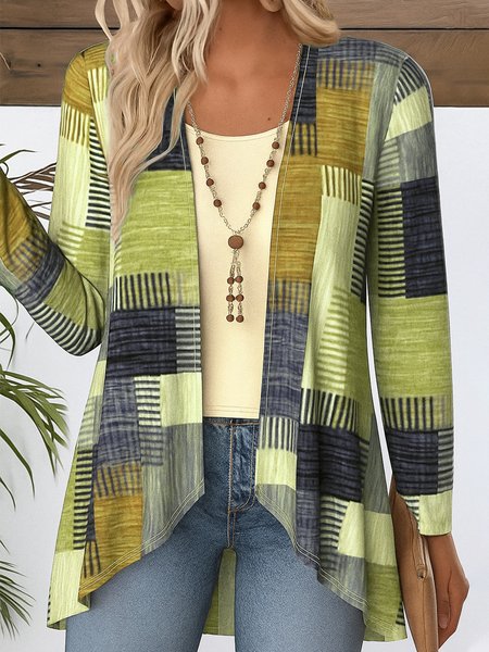 Women Geometric Long Sleeve Blouse Spring/Fall V Neck Daily Vintage Top