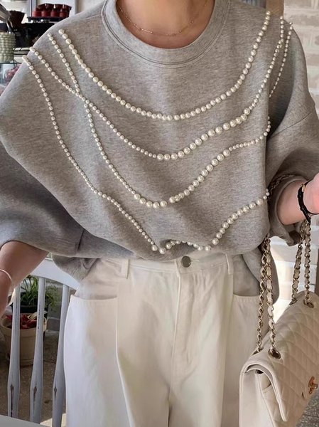 

Casual Plain Beaded Crew Neck Sweatshirt, Gray, Hoodies and Sweatshirts