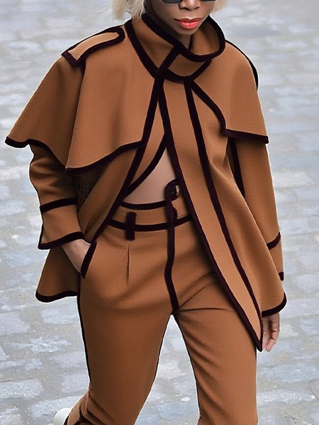 

Casual Webbing Color Block Turtleneck Trench Coat, Brown, Trench Coats