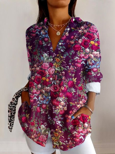 

V Neck Long Sleeve Floral Regular Micro-Elasticity Regular Fit Shirt For Women, Purplish red, Shirts
