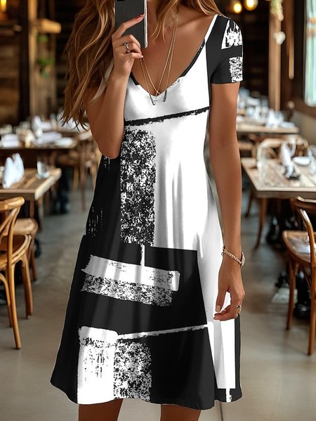 

Women Geometric Summer Dress V Neck Short Sleeve A-Line Dress, White, Dresses