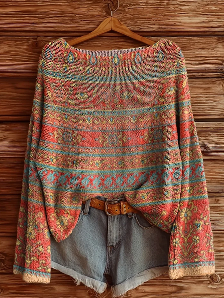 

Women's Floral Print Casual Long Sleeve Top, Orange red, Sweaters