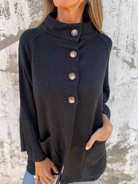 

Casual Plain Stand Collar Jacket, Black, Outerwear