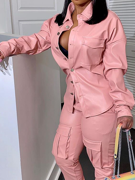 

Casual Plain Shirt Collar Faux Leather Coat, Pink, Jackets