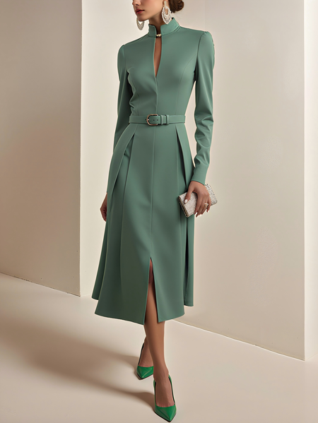 Regular Sleeve Stand Collar Plain Urban Dress With Belt
