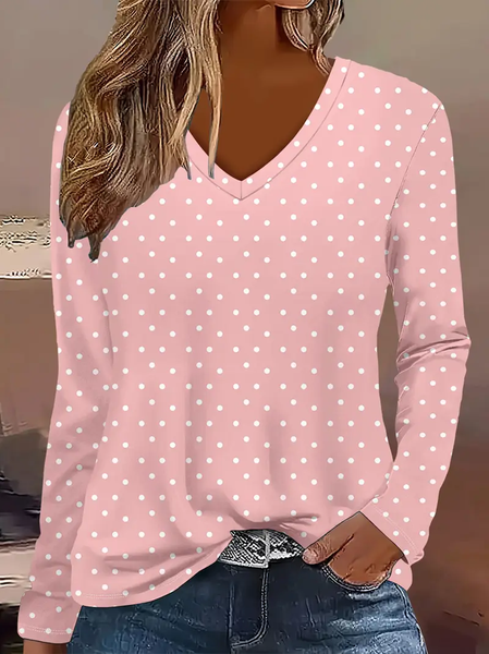 

Women Polka Dots Long Sleeve Tee T-shirt V Neck Printing Casual Spring/Fall Graphic Tee Top, Pink, T-Shirts
