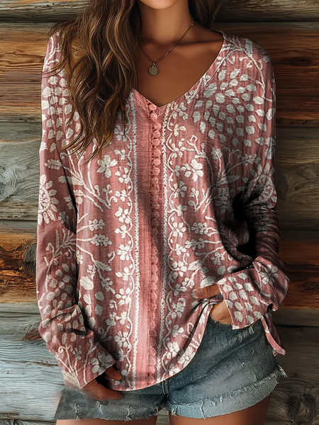 

Women Floral Long Sleeve Tee T-shirt V Neck Printing Casual Spring/Fall Graphic Tee Top, Pink, T-Shirts