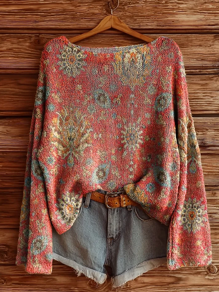 

Women's Floral Print Casual Long Sleeve Top, Orange pink, Sweaters