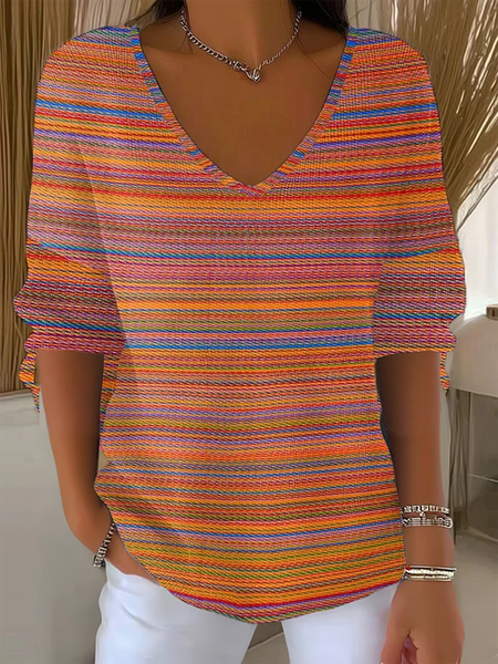 

Women Striped Three Quarter Sleeve Tee T-shirt V Neck Vintage Spring/Fall Top, Color2, T-Shirts