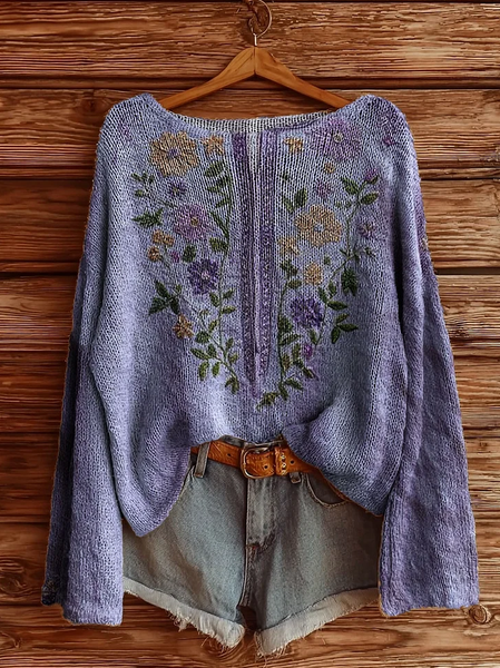 

Women's Floral Print Casual Long Sleeve Top, Purple, Sweaters