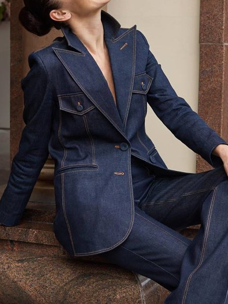 

Urban Color Block Lapel Collar Denim Coat, Denim blue, Jackets