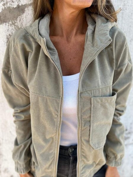 New Solid Color Simple Style Splicing Corduroy Zipper Hooded Coat Jacket