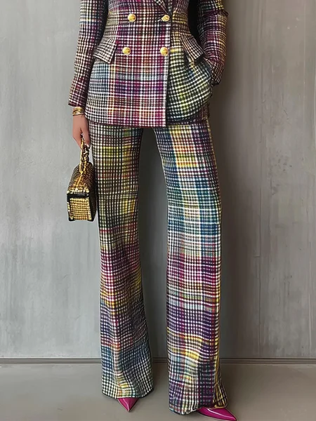 

Urban Plaid Printing Straight Pants, As picture, Pants