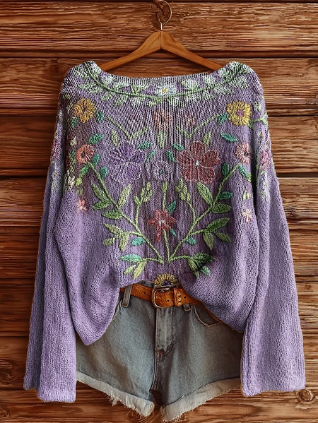 

Women's Floral Print Casual Long Sleeve Top, Purple, Sweaters