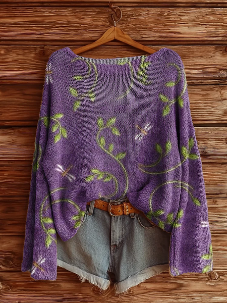 

Women's Floral Dragonfly Print Casual Long Sleeve Top, Purple, Sweaters