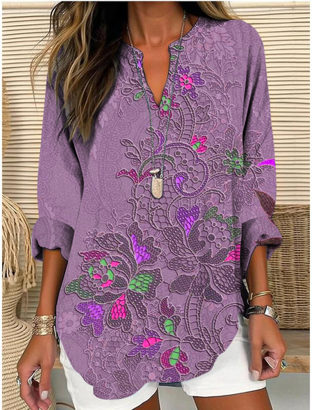

Shawl Collar Half Sleeve Floral Regular Loose Blouse For Women, Purple, Blouses