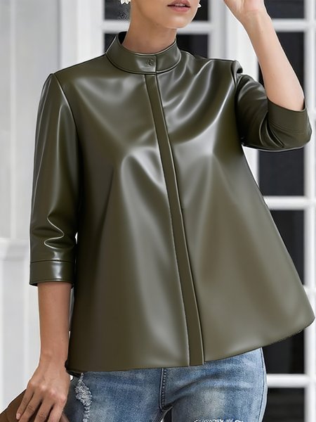 

PU Elegant Plain Buttoned Faux Leather Top, Green, Tops
