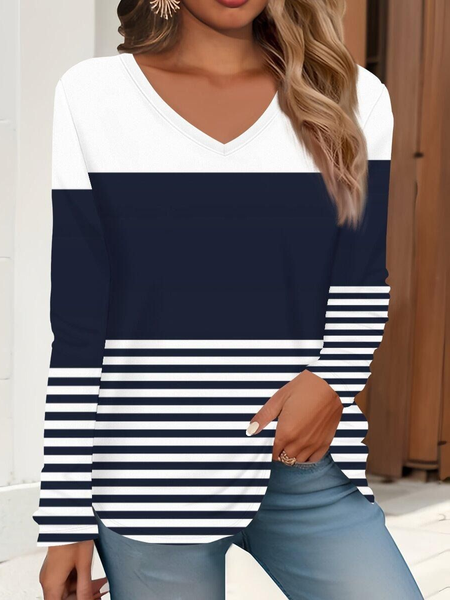 

Women Striped Long Sleeve Tee T-shirt V Neck Printing Casual Spring/Fall Graphic Tee Top, Purplish blue, T-Shirts