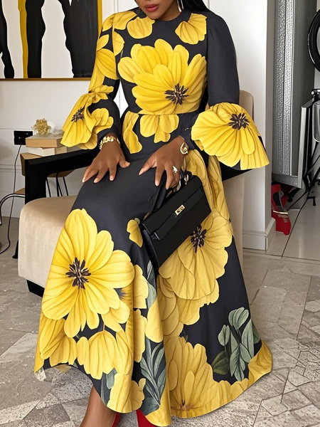 

Elegant Floral Printing Crew Neck Maxi Dress, As picture, Maxi Dresses