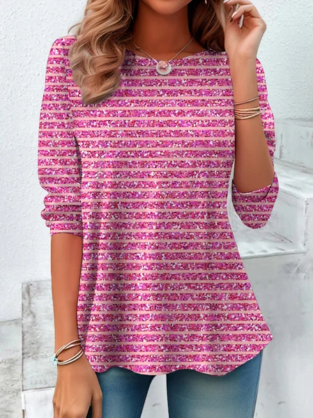 

Vintage Striped Crew Neck Long Sleeve T-shirt, Pink, T-shirts