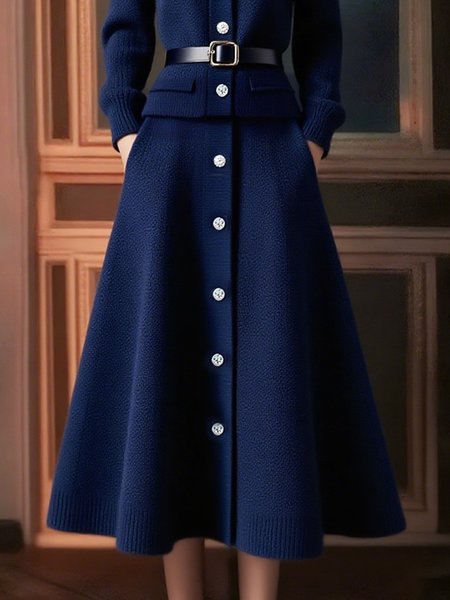 

Casual Buttoned Plain Sweater Midi Skirt, Deep blue, Skirts