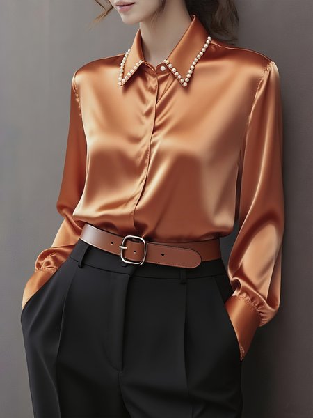 

Satin Urban Plain Beaded Shirt Collar Shirt, Orange, Blouses and Shirts