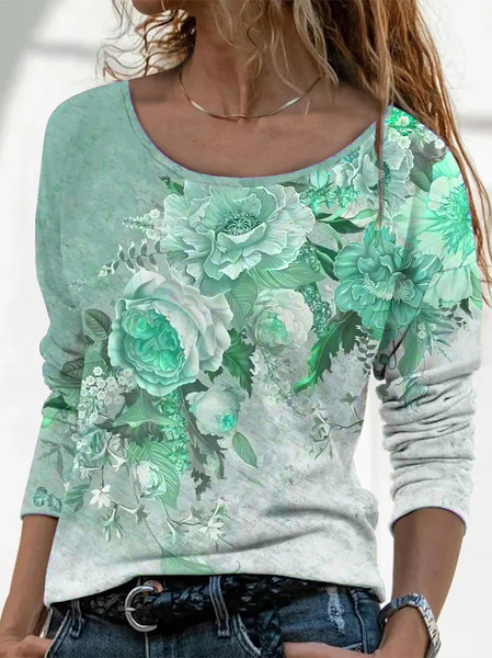 

Women Floral Long Sleeve Tee T-shirt Crew Neck Printing Casual Spring/Fall Graphic Tee Top, Green, T-Shirts