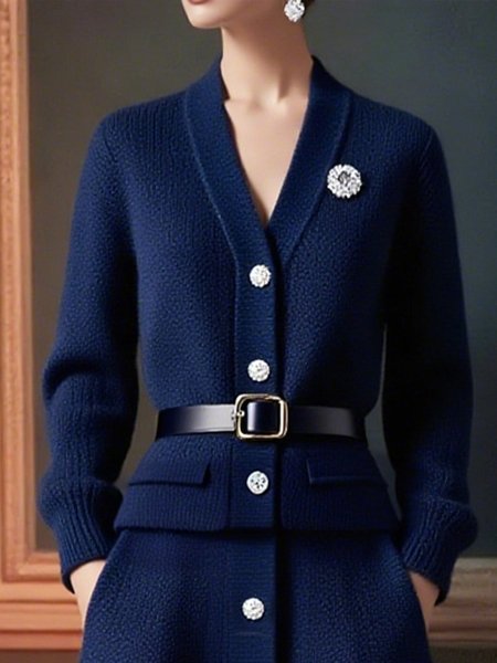 

Casual Plain V Neck Cardigan With Brooch (No Belt), Deep blue, Cardigans
