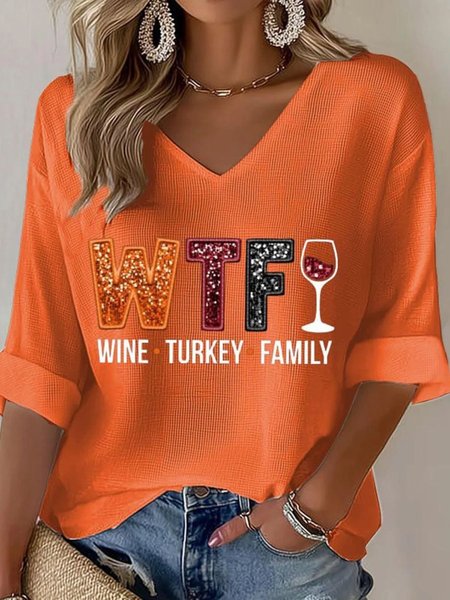

Casual Christmas Glass V Neck 3/4 Length Sleeve T-shirt, Orange, T-shirts
