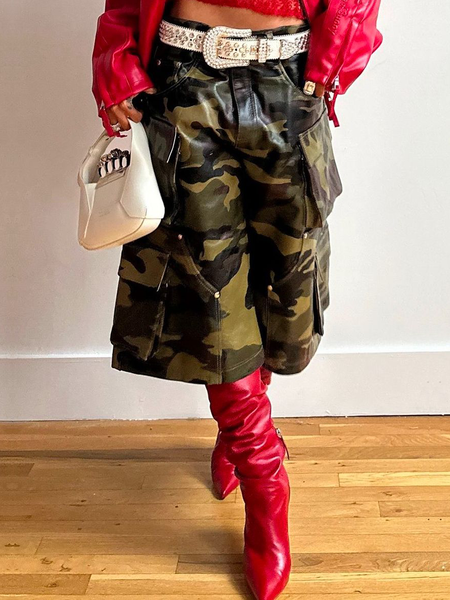 

Casual Camo Cargo Pants Faux Leather Pants, Green, Pants