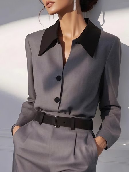 

Urban Color Block Buttoned Shirt Collar Shirt, Gray, Blouses and Shirts