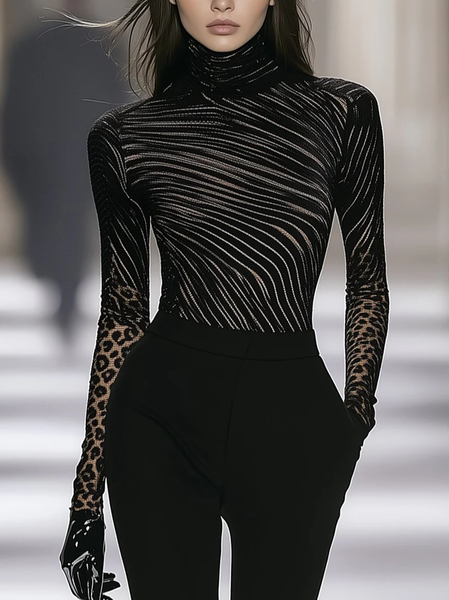 

Urban Leopard Printing Stand Collar T-shirt, Black, Tees