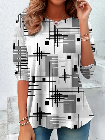 

Vintage Geometric Crew Neck Long Sleeve T-shirt, White, T-shirts