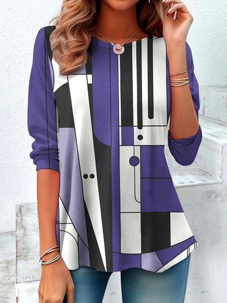 

Vintage Geometric Crew Neck Long Sleeve T-shirt, Purple, T-shirts