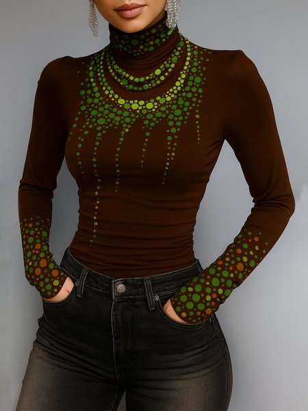 

Casual Abstract Polka Dots Printing Turtleneck T-shirt, Brown, Tees