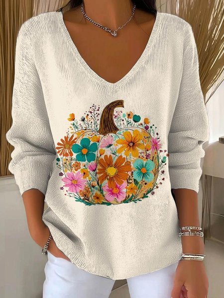 

Women Cotton Floral Long Sleeve Comfy Casual Sweater, Apricot, Sweaters