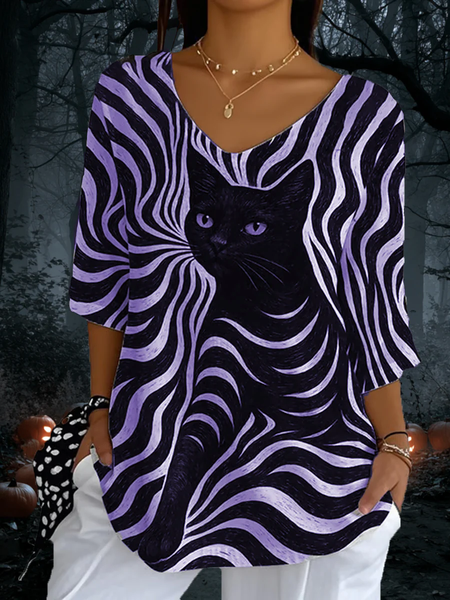 

Vintage Cat Crew Neck Three Quarter Sleeve T-shirt, Purple, T-shirts