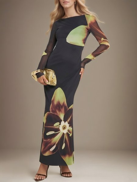 

Urban Floral Printing Crew Neck Maxi Dress, Black, Maxi Dresses