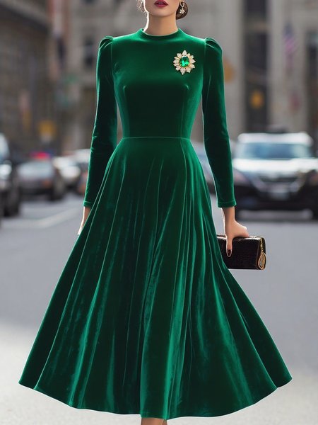

Elegant Plain Velvet Stand Collar Midi Dress With Brooch, Green, Midi Dresses