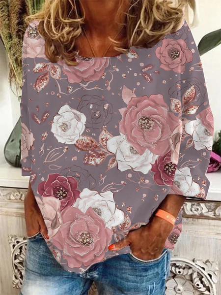 

Women Floral Long Sleeve Tee T-shirt Crew Neck Printing Casual Spring/Fall Graphic Tee Top, Pink, T-Shirts