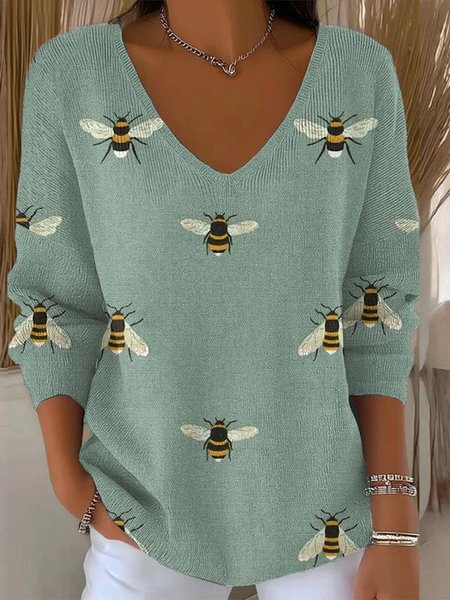 

Women Animal Spring/Fall Casual Long Sleeve V Neck Cotton Sweater, Green, Sweaters