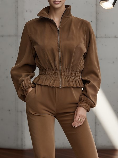 

Casual Zipper Plain Stand Collar Jacket, Brown, Jackets