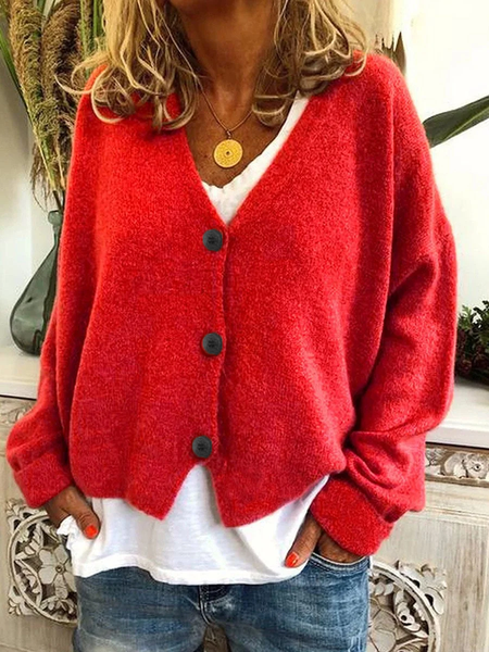 

Women Plain Casual Spring/Fall Cardigan, Red, Cardigans