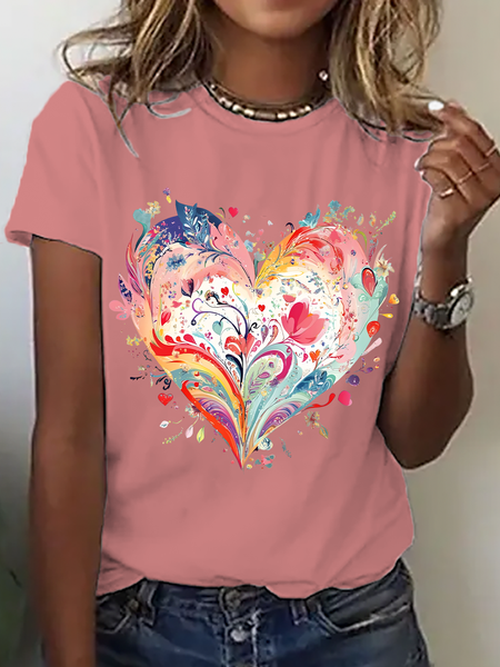 

Casual Heart/Cordate Crew Neck Short Sleeve T-shirt, Orange pink, T-shirts