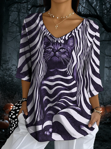 

Vintage Cat Crew Neck Three Quarter Sleeve T-shirt, Purple, T-shirts