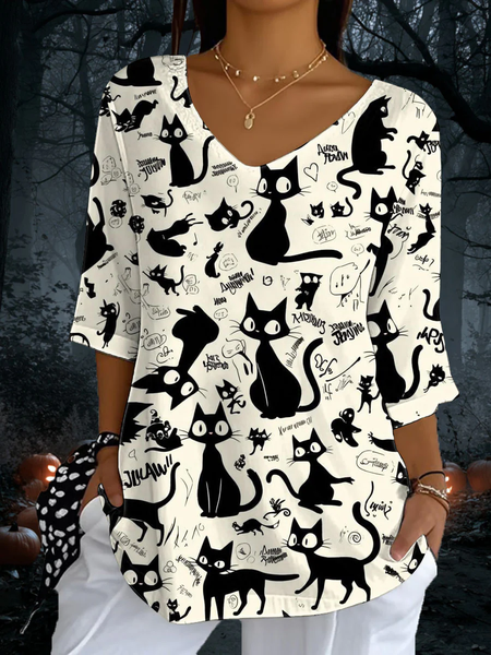 

Vintage Cat Crew Neck Three Quarter Sleeve T-shirt, As picture, T-shirts