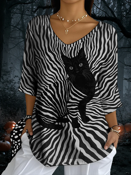 

Vintage Cat Crew Neck Three Quarter Sleeve T-shirt, As picture, T-shirts