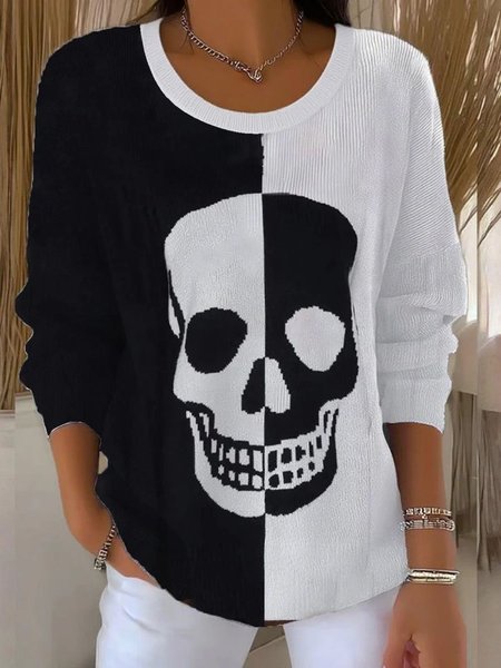 

Women Cotton Skull Long Sleeve Comfy Vintage Sweater, Black-white, Sweaters