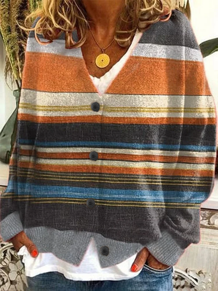 

Women Striped Casual Spring/Fall Printing Cardigan, As picture, Cardigans